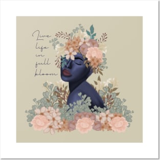 Blue woman face with flowers - Live life in full bloom Posters and Art